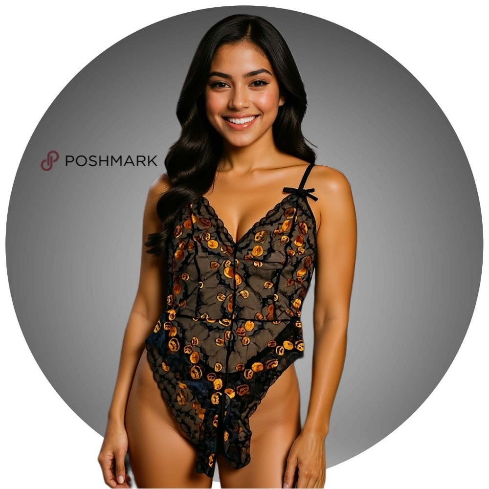Black and Orange Halloween Lace Crotchless Lingerie